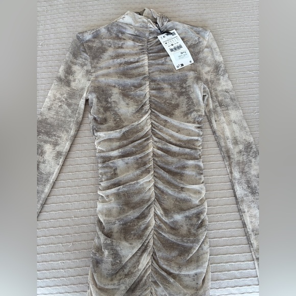 Zara Beige Draped Tulle Long Sleeve Dress - Picture 2 of 2